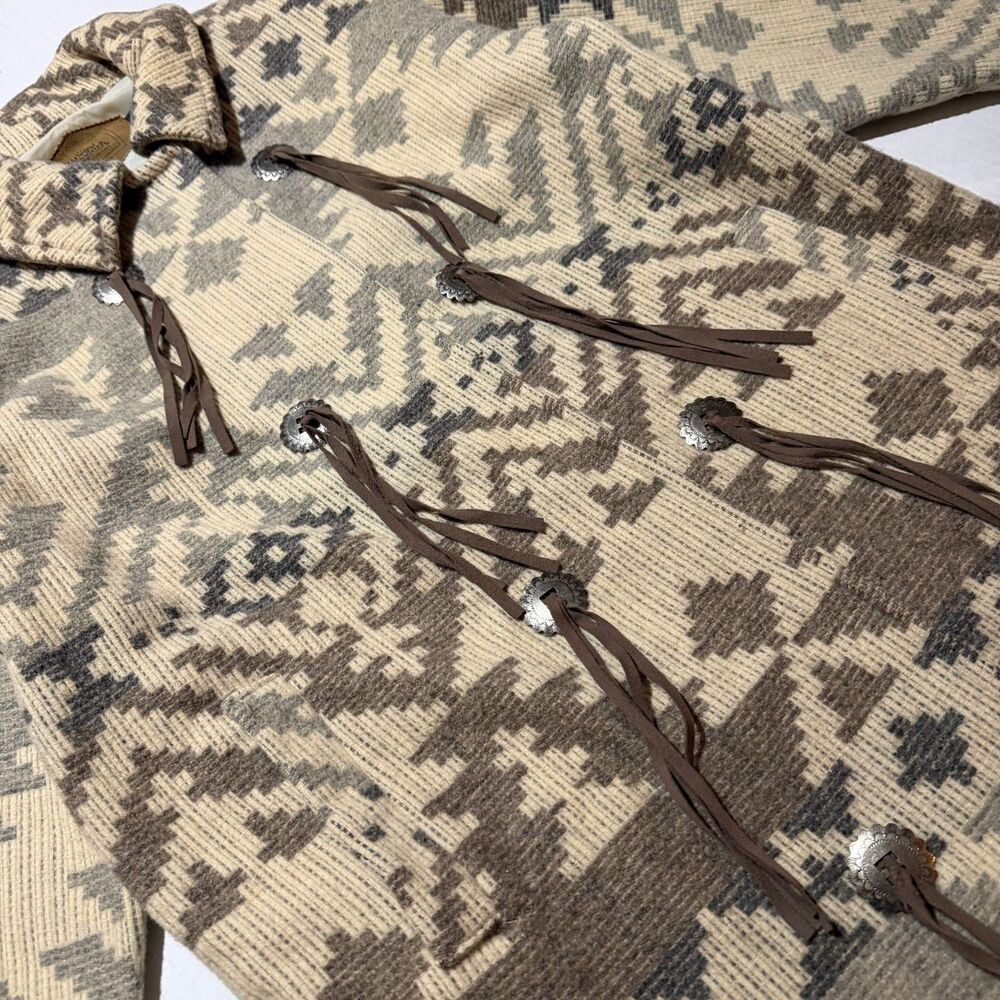 Woolrich, VTG 90s Western Print Fringe Wool Duster Jacker, L Cowboy Americana - Picture 5 of 11